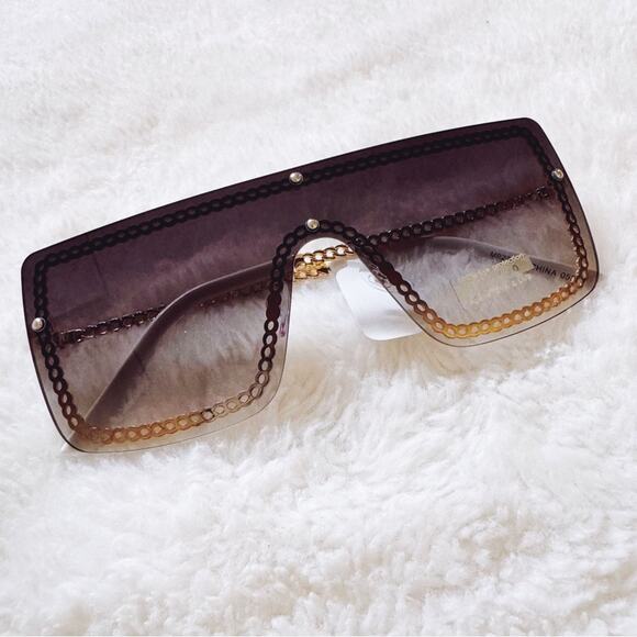 Christine Black Two Tone White Chain Oversized Shield Sunglasses - Picture 5 of 12